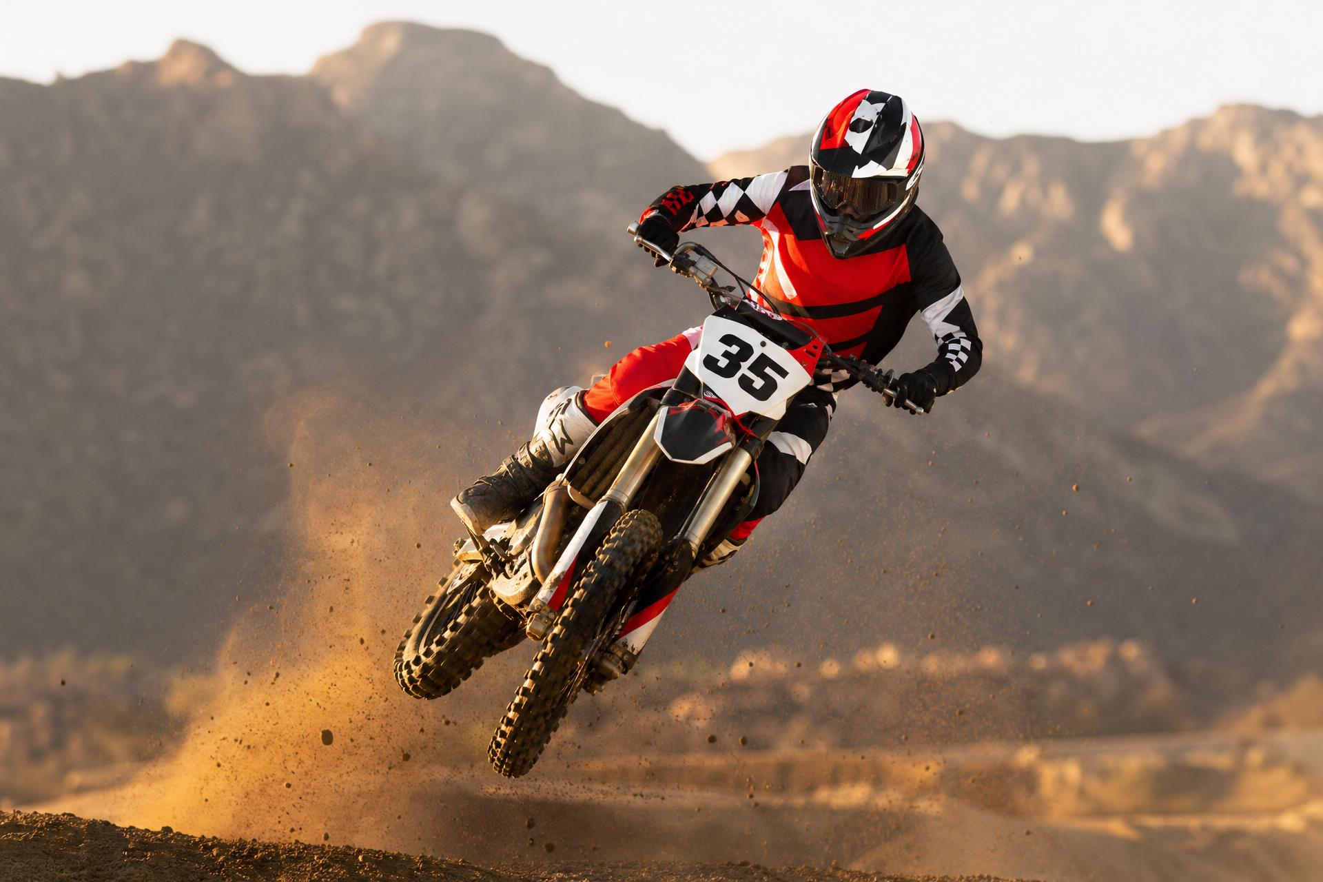 Dirt bike rider mid-air against mountain backdrop